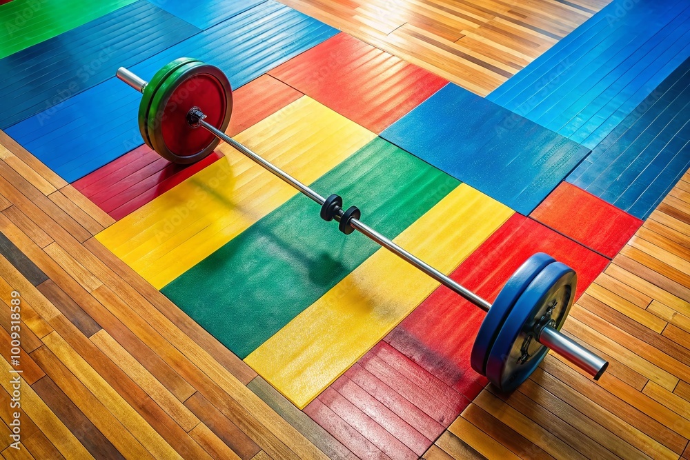 Heavy weightlifting barbell on a gym floor ready for strength training and fitness exercises Heavy weightlifting barbell on a gym floor ready for strength training and fitness exercises