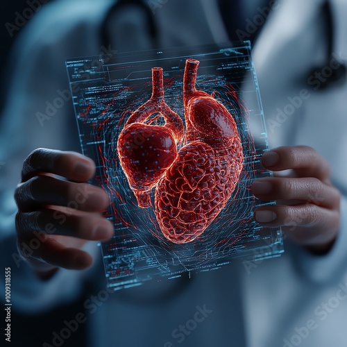 Doctor holding 3D holographic organ for diagnosis, futuristic medical scene, 3D illustration photo