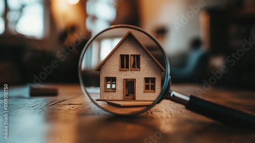 Small house model under scrutiny with a magnifying glass, symbolizing property evaluation and investment choices, no people.