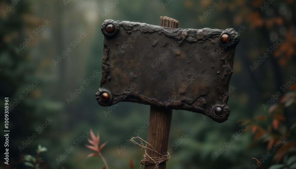 an empty sign board on the background of a forest, made of wood, old and weathered plaque an empty sign board on the background of a forest, made of wood, old and weathered plaque