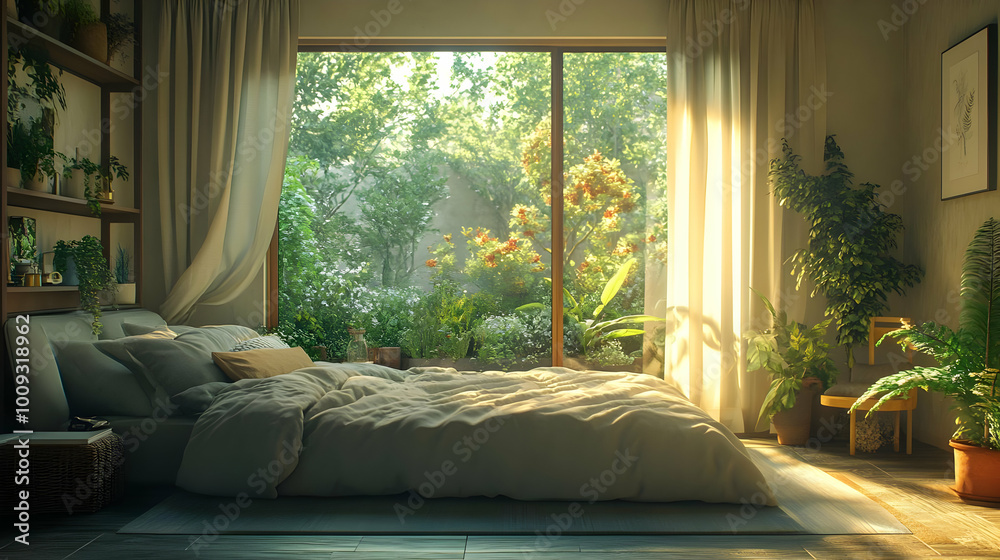 Bedroom Interior Design with Large Window and Green Plants - 3D Illustration Bedroom Interior Design with Large Window and Green Plants - 3D Illustration