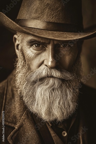 Portrait of a man with a long beard and hat, suitable for fantasy or historical scenes photo