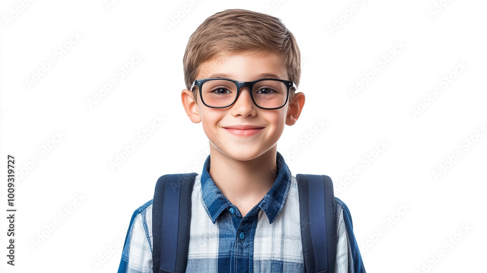 a happy schoolboy wearing glasses and a backpack isolated on a white background a happy schoolboy wearing glasses and a backpack isolated on a white background