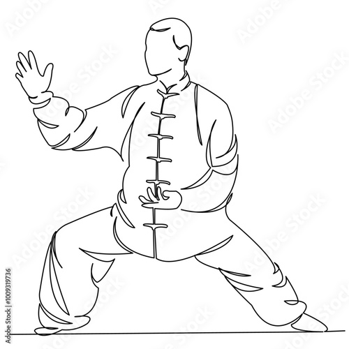 One continuous single drawing line art doodle qigong, chinese, exercise, people, health, sport, concentration, spirituality. Isolated flat illustration hand draw contour on a white background
