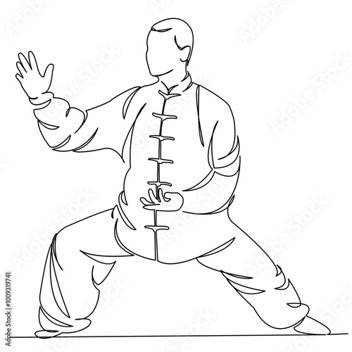 One continuous single drawing line art doodle qigong, chinese, exercise, people, health, sport, concentration, spirituality. Isolated flat illustration hand draw contour on a white background
