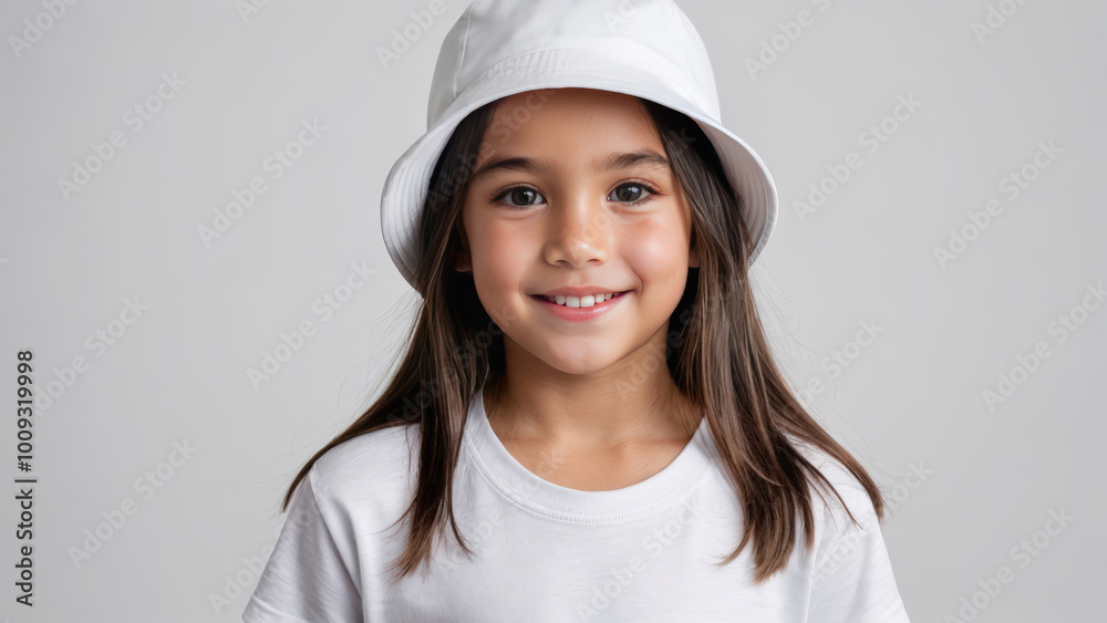 Little girl wearing white t-shirt and white bucket hat isolated on grey background Little girl wearing white t-shirt and white bucket hat isolated on grey background