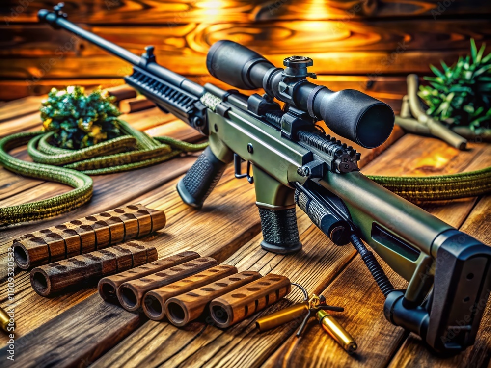 Obraz premium High-quality rifle resting on a wooden table, surrounded by ammunition and tactical gear in focus