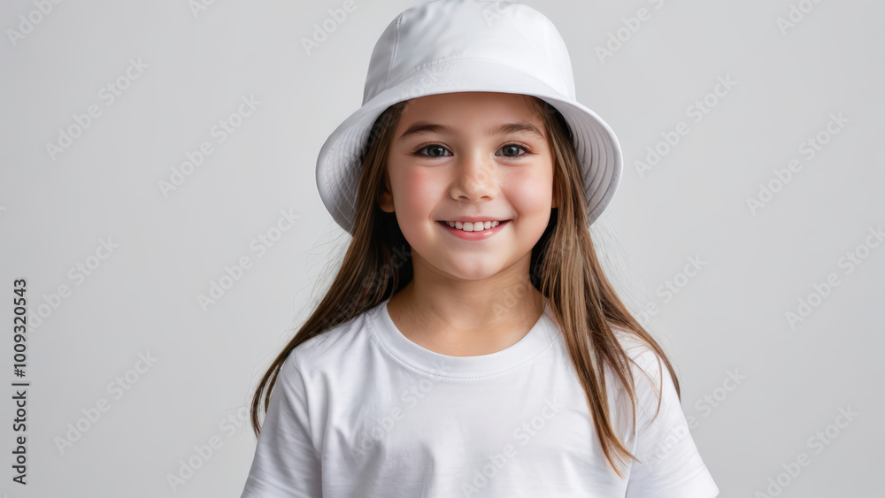 Little girl wearing white t-shirt and white bucket hat isolated on grey background Little girl wearing white t-shirt and white bucket hat isolated on grey background