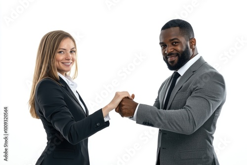 A man and a woman shaking hands, symbolizing a new business partnership or agreement