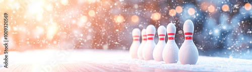 A row of bowling pins are lined up on a snowy surface