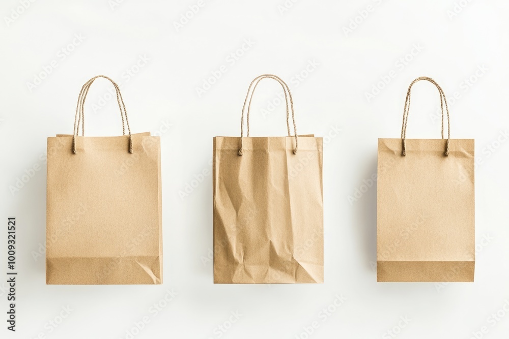 Three empty brown paper bags hung on a wall, waiting for use or reuse Three empty brown paper bags hung on a wall, waiting for use or reuse