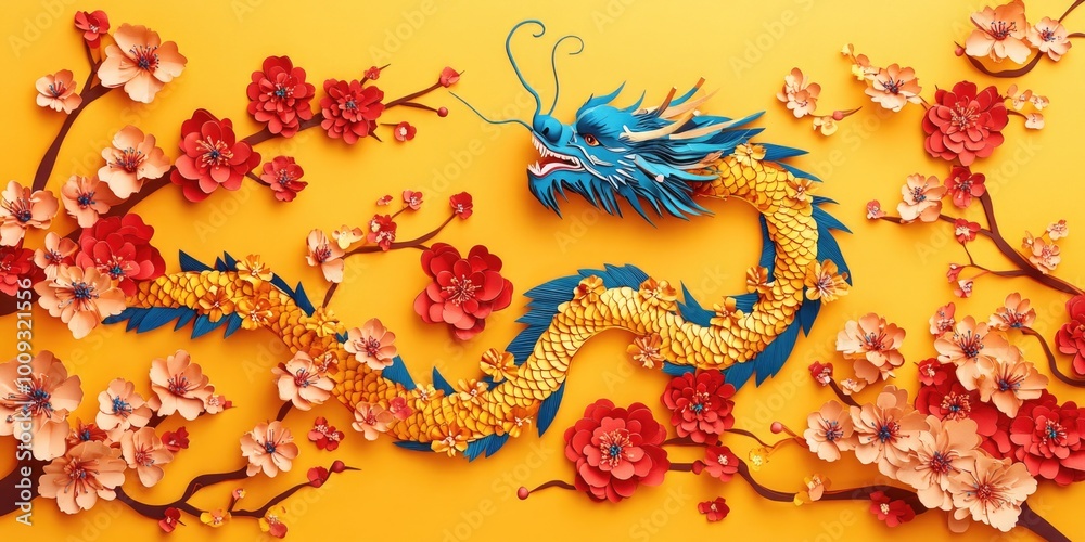 A colorful paper art of a dragon on a bright yellow background A colorful paper art of a dragon on a bright yellow background