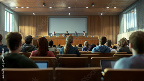 Rear view of university students sitting in the lecture hall with laptops