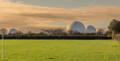 North Yorkshire Dales with Menwith Hill radomes in the background, North Yorkshire, England, United Kingdom
