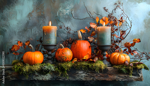 Nature morte automnale avec citrouilles et bougies. Halloween. Composition décorative automnale avec des citrouilles disposées sur une étagère en bois recouverte de mousse, entourées de bougies.  photo