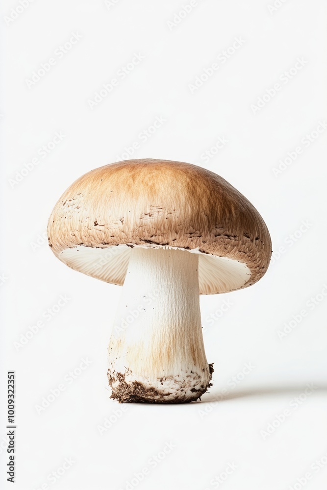 A single mushroom growing on a plain white surface, against a white background