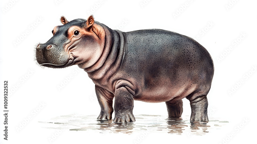 Realistic illustration of a hippopotamus on a white isolated background.