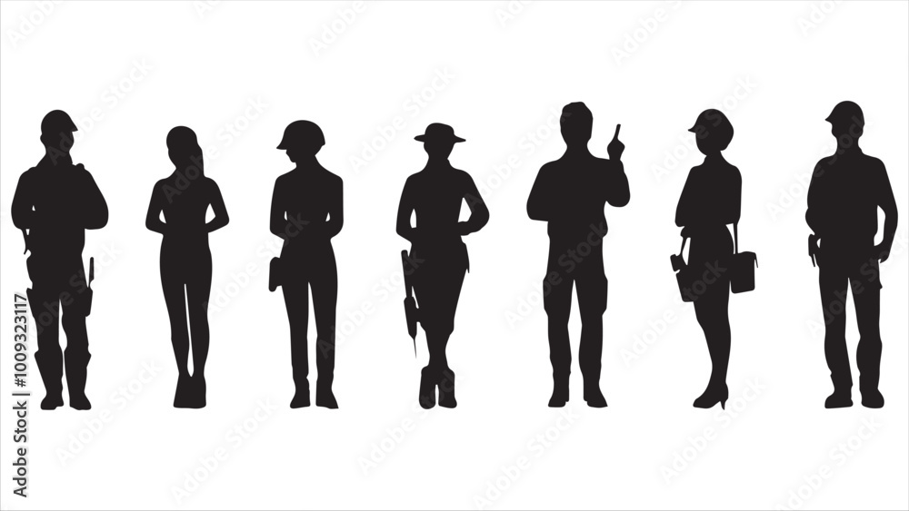 People with various occupations professions standing together in row vector flat black silhouettes set collection.
People with various occupations professions standing together in row vector flat black silhouettes set collection.