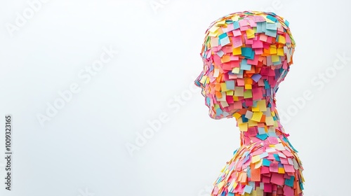 Full-Body Sculpture of Abstract Human Figure Covered in Colorful Sticky Notes on White Background