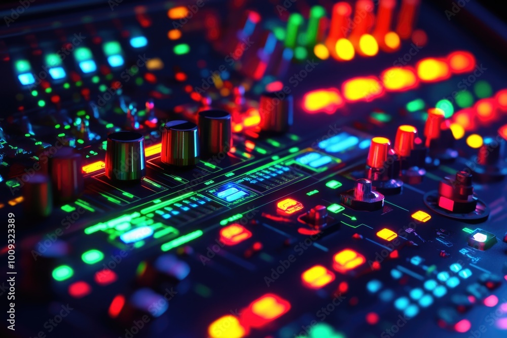 A close-up view of a mixing board with colorful lights and controls A close-up view of a mixing board with colorful lights and controls