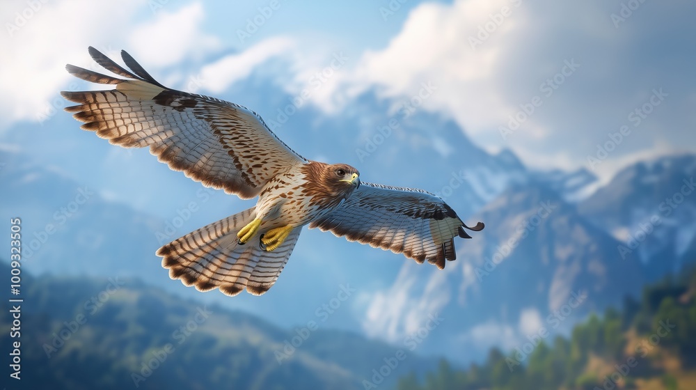 Majestic Hawk Soaring in the Sky with Wings Spread Wide Over Mountain Landscape Majestic Hawk Soaring in the Sky with Wings Spread Wide Over Mountain Landscape