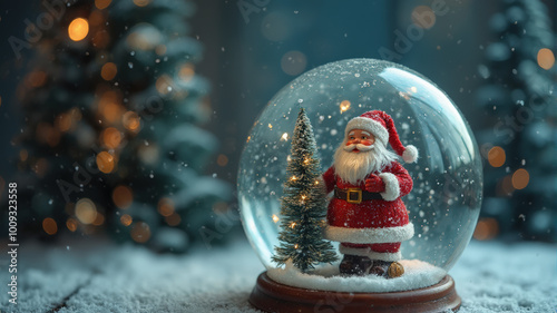 Santa Figurine Inside Snow Globe With Christmas Trees and Lights