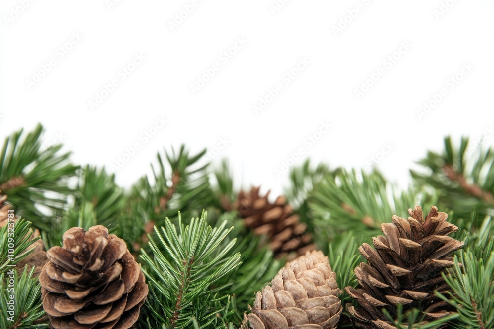 A high-resolution photo of a natural arrangement of pine leaves and pinecones. The white background and subtle shadows give the image a clean, modern look, suitable for product displays, nature-themed A high-resolution photo of a natural arrangement of pine leaves and pinecones. The white background and subtle shadows give the image a clean, modern look, suitable for product displays, nature-themed