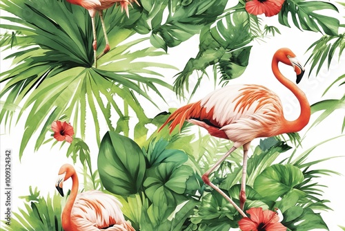Pink flamingos stand among lush green tropical foliage.
