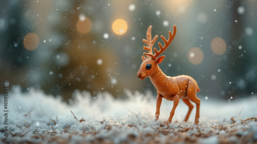 Small Reindeer Figurine in Snow With Blurred Winter Background Small Reindeer Figurine in Snow With Blurred Winter Background