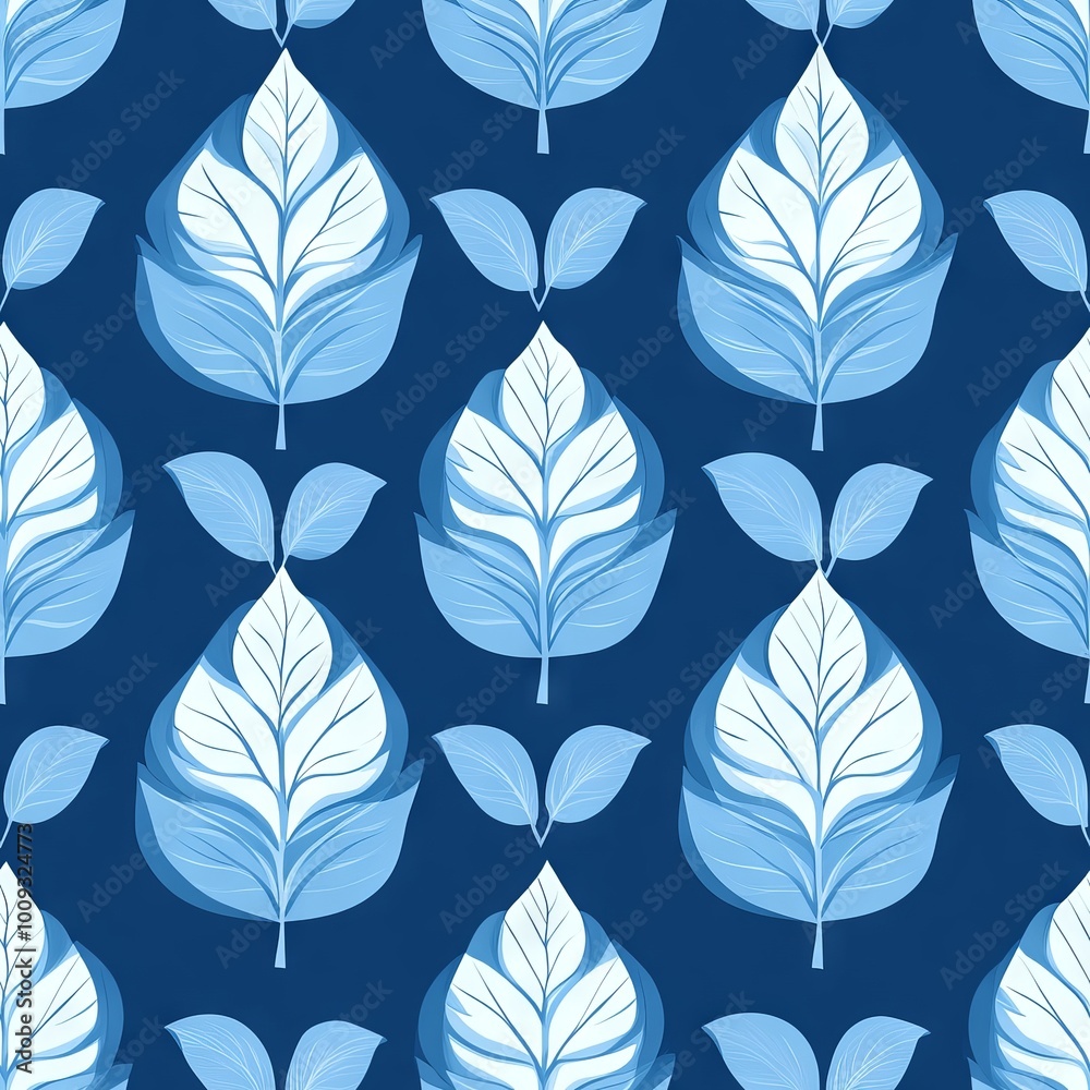 Seamless pattern of blue leaves on a dark blue background. Seamless pattern of blue leaves on a dark blue background.