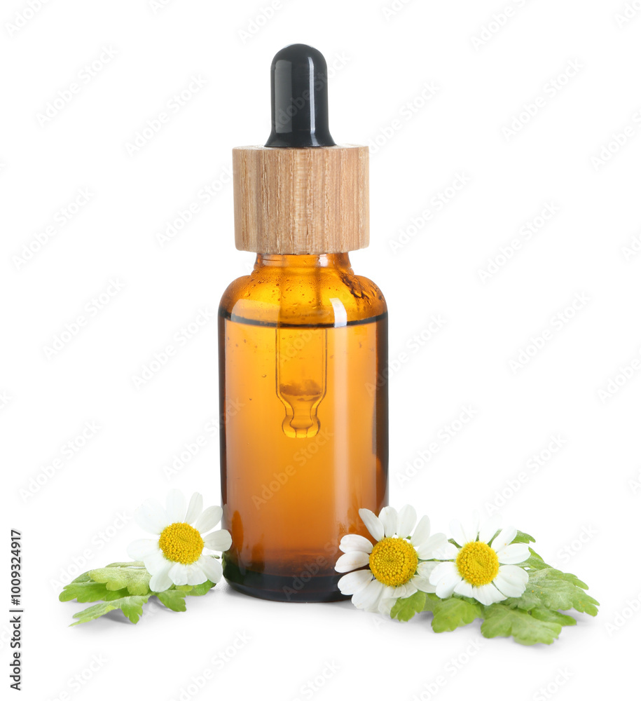 Bottle of tincture and daisy flowers isolated on white Bottle of tincture and daisy flowers isolated on white