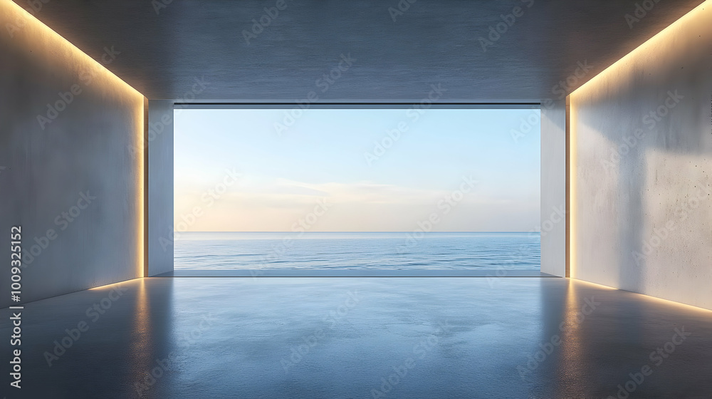 Minimalist Concrete Room With Ocean View 3D Illustration Minimalist Concrete Room With Ocean View 3D Illustration