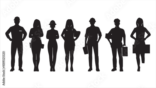 
People with various occupations professions standing together in row vector flat black silhouettes set collection.