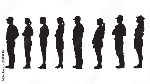 
People with various occupations professions standing together in row vector flat black silhouettes set collection.