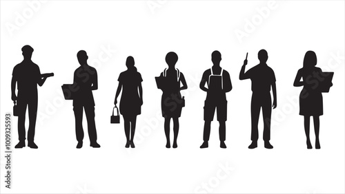 
People with various occupations professions standing together in row vector flat black silhouettes set collection.