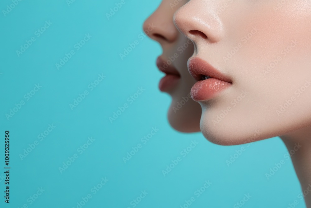 Close up of a woman's face on a blue background Close up of a woman's face on a blue background