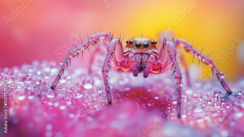 Vibrant Close-Up of a Spider on Dew-Covered Surface in Nature After Rain