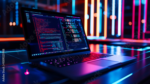 Laptop with programming code on the screen in futuristic neon lit workspace photo