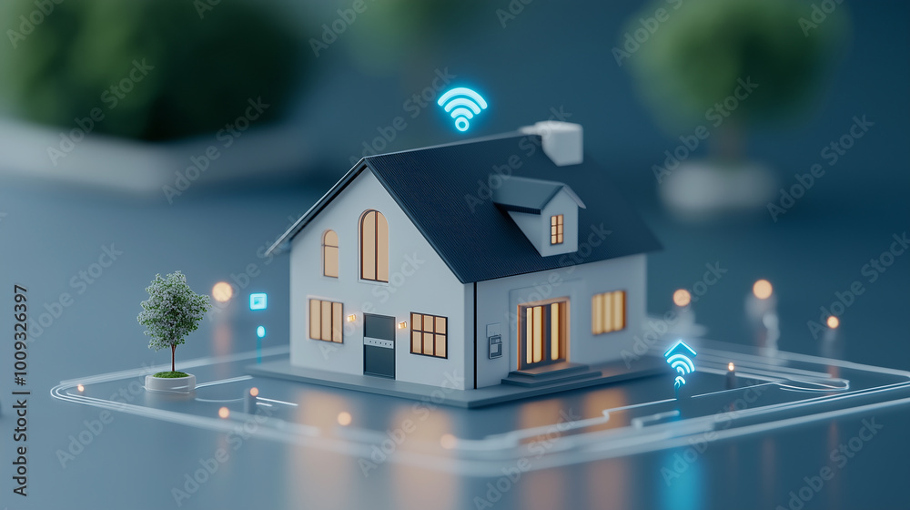 A house with a tree in front of it and wifi on the roof A house with a tree in front of it and wifi on the roof