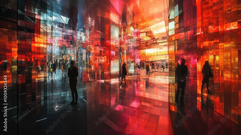 Obraz premium An urban landscape crafted from mirrors, where light dances across surfaces, creating mesmerizing reflections that captivate the viewer.