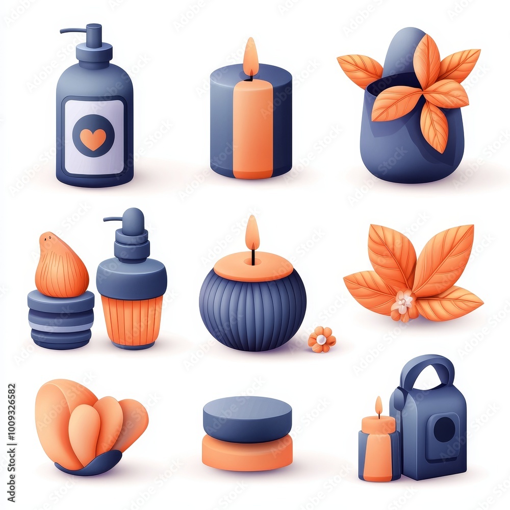 A colorful collection of stylized spa and wellness items, including candles, oils, and natural elements, showcasing a harmonious blend of blue and orange tones. A colorful collection of stylized spa and wellness items, including candles, oils, and natural elements, showcasing a harmonious blend of blue and orange tones.