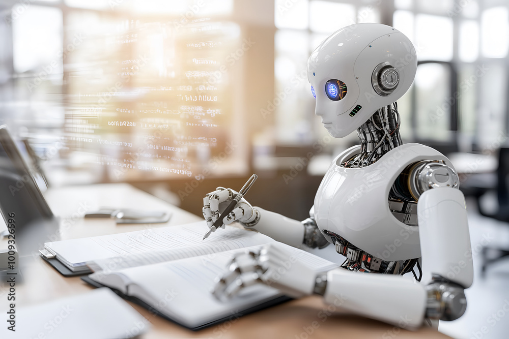 A futuristic humanoid robot writes in a book A futuristic humanoid robot writes in a book
