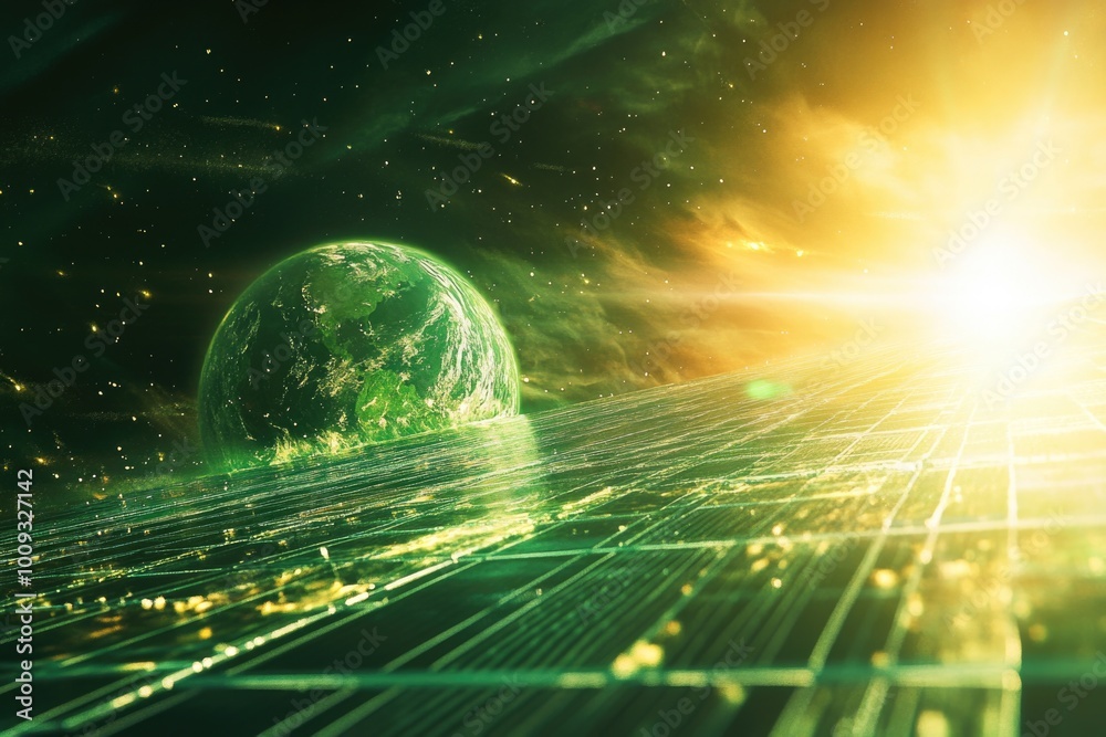 A green planet is displayed on a computer screen A green planet is displayed on a computer screen