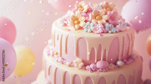 A beautifully decorated cake adorned with pastel flowers and colorful confetti.