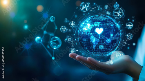 Wallpaper Mural A hand holds a glowing digital globe representing global healthcare innovations and technology advancements at night Torontodigital.ca