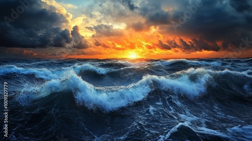 Dramatic sunset over a turbulent ocean with heavy clouds.