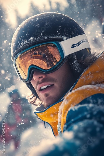 Nahaufnahme eines Skifahrers mit Skihelm und Skibrille im Schnee photo