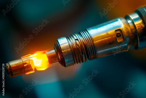 Close-up of a metal blowtorch with a bright flame, showcasing precision and industrial craftsmanship in a workshop setting