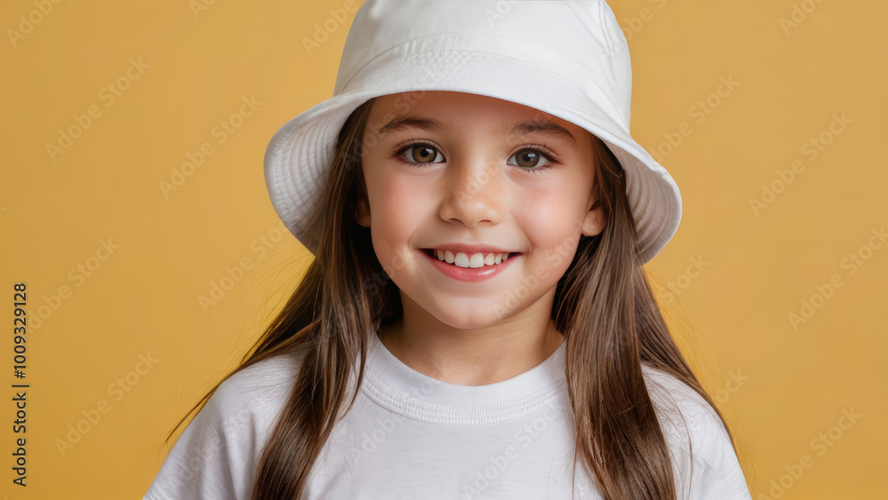Little girl wearing white t-shirt and white bucket hat isolated on yellow background Little girl wearing white t-shirt and white bucket hat isolated on yellow background