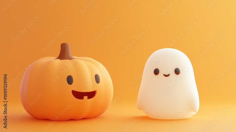 A cute pumpkin and a friendly ghost character against an orange background. A cute pumpkin and a friendly ghost character against an orange background.